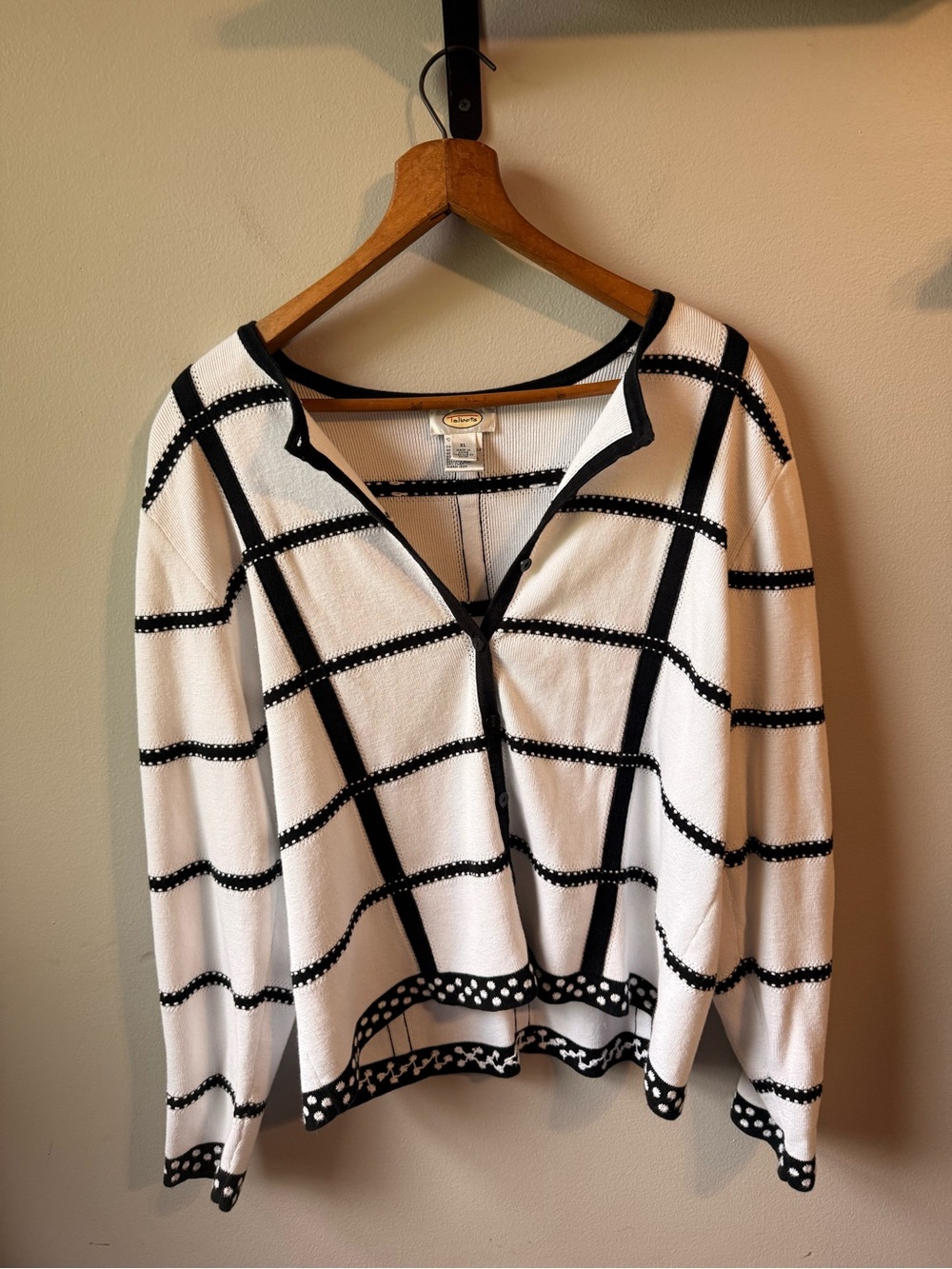 Talbots Black White Windowpane Cardigan Sweater XL 100% Cotton